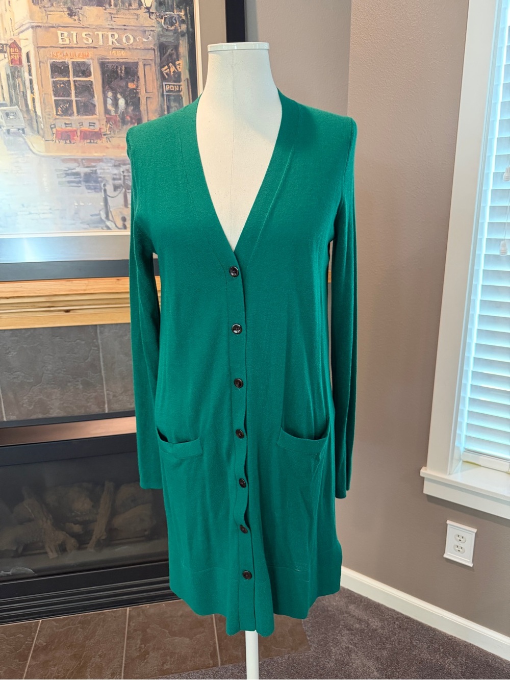 Loft Long V-Neck Button Cardigan - Emerald Green